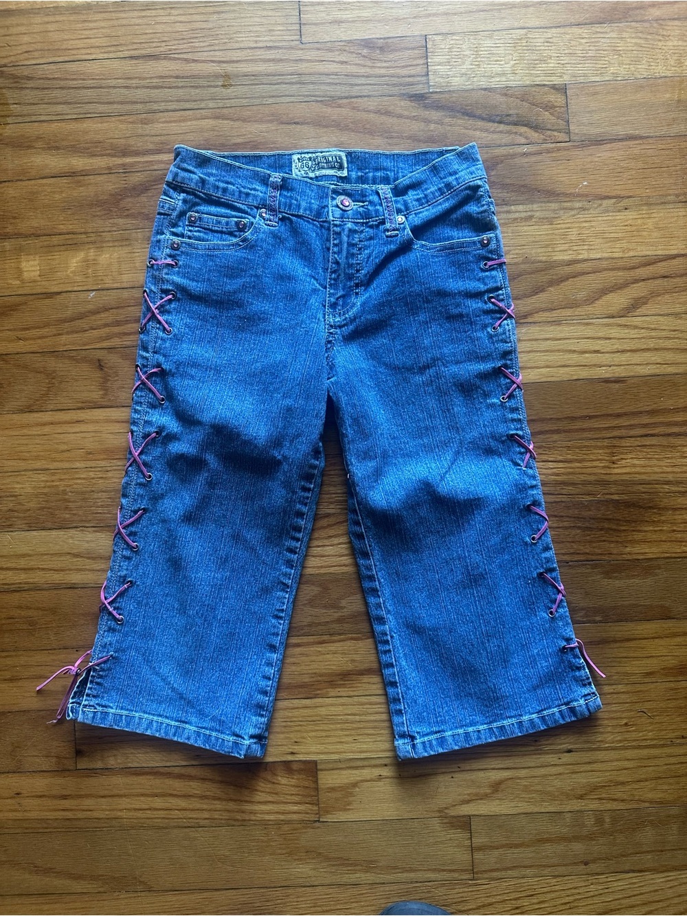 Vintage Route 66 Y2K Pink Lace-Up Denim Capri Jeans Kids Size 10